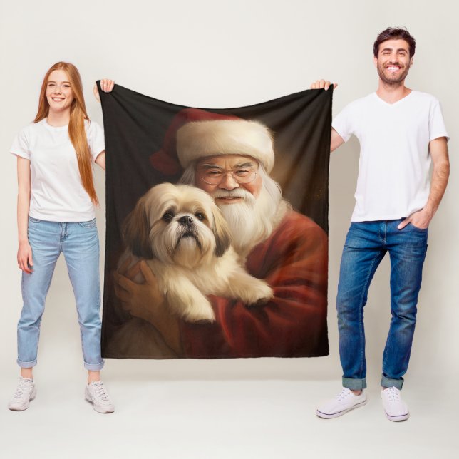 Couverture Polaire Lhasa Apso avec le Père Noël Festif de Noël  (En situation)