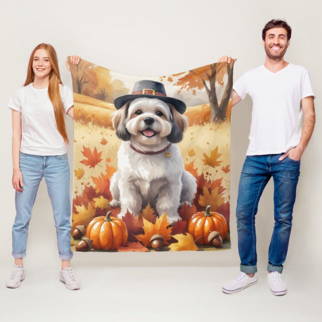 Couverture Polaire Lhasa Apso dans l'art de Thanksgiving aux feuilles (En situation)