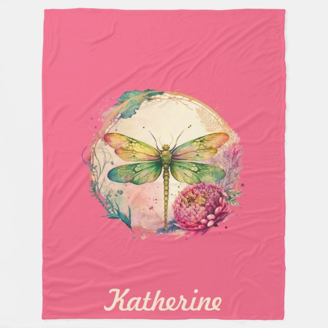 Couverture Polaire Libellule Florale Élégante avec nom personnalisé (Devant)