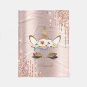 Couverture Polaire Licorne adorable fleurs rose paillettes dorées gou