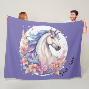 Couverture Polaire Licorne, blanc violet, pastel aquarelle