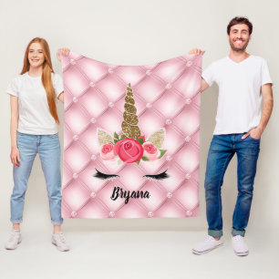 Couverture Polaire Licorne Fille Branchée Paillettes Dorées et Roses 