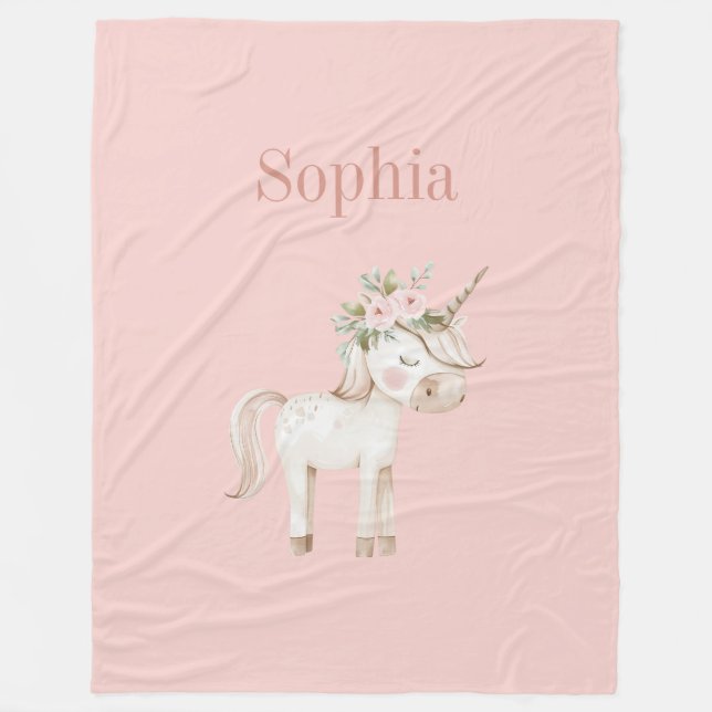 Couverture Polaire Licorne Fleurie Rose Pâle (Devant)