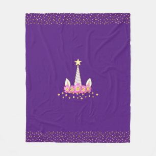 Couverture Polaire Licorne, fleurs et confettis dorés sur pourpre roy