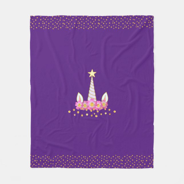 Couverture Polaire Licorne, fleurs et confettis dorés sur pourpre roy (Devant)