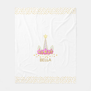 Couverture Polaire Licorne, fleurs et confettis dorés sur une laine b