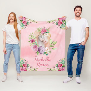 Couverture Polaire Licorne florale personnalisée d'aquarelle