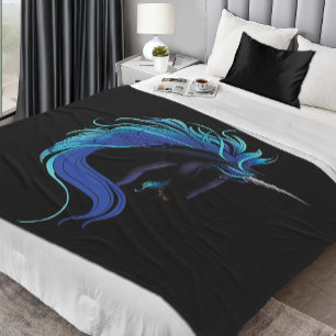 Couverture Polaire Licorne noire élégante Fantaisie Magique Bleu Arge