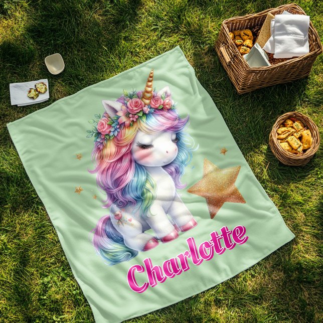 Couverture Polaire Licorne pailletée étoile magique vert citron (Créateur téléchargé)