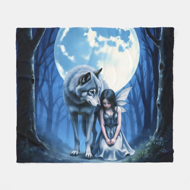 Couverture Polaire Lien sous la lune – Le Loup et la Fée Gothique.   (Devant (Horizontal))