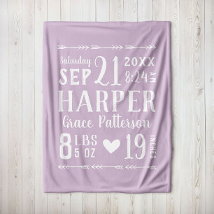Couverture Polaire Lilac Baby Girl Birth Stats Keepsaké