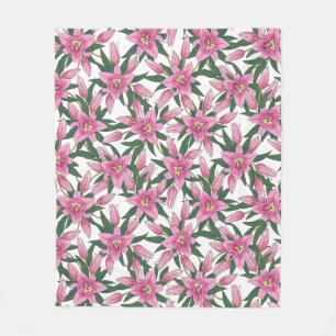 Couverture Polaire Lilias en fleurs en rose pastel sur fond blanc