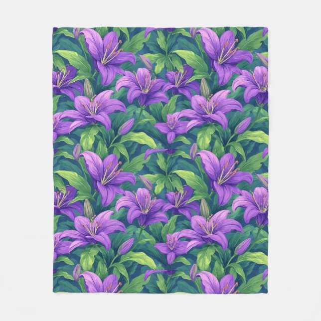 Couverture Polaire Lilias Violets Vifs Avec Feuilles Vertes (Devant)