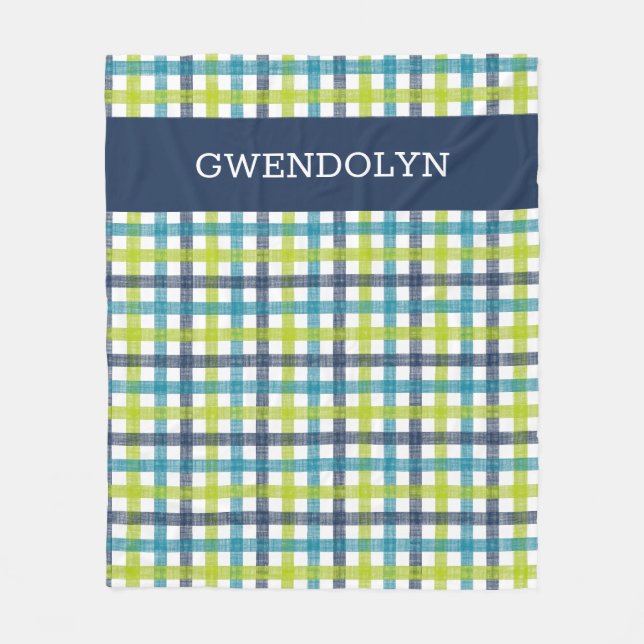 Couverture Polaire Lime Green, Navy et bleu turquoise Plaid (Devant)