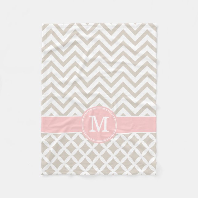 Couverture Polaire Linge Beige et rose Chevron Personnalisé Monogramm (Devant)