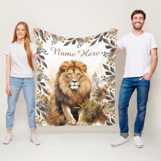 Couverture Polaire Lion Aquarelle Nom Personnalisé Enfant