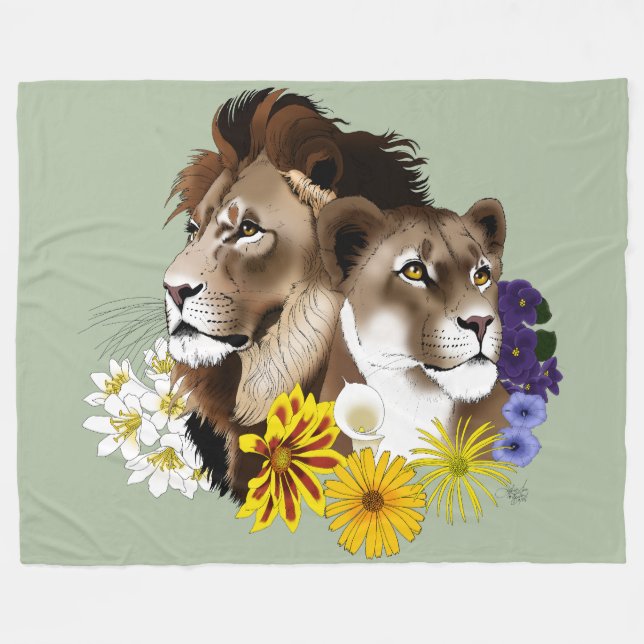 Couverture Polaire Lion Lionne Floral Vert  (Devant (Horizontal))