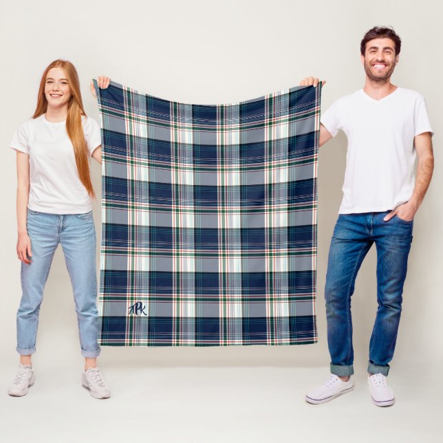 Couverture Polaire Lit multifil bleu et blanc monogramme (En situation)