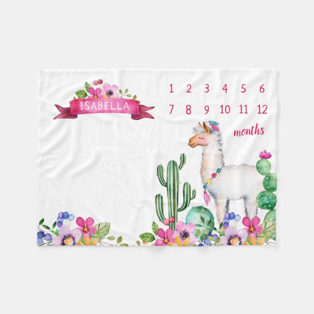 Couverture Polaire Llama et Cactus Floral Baby Name Milestone Photo (Devant (Horizontal))
