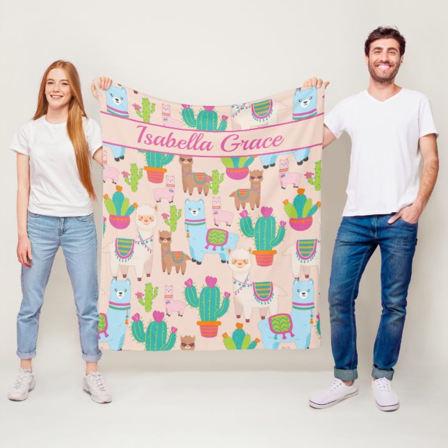 Couverture Polaire Llama Rose Et Motif Cactus (En situation)