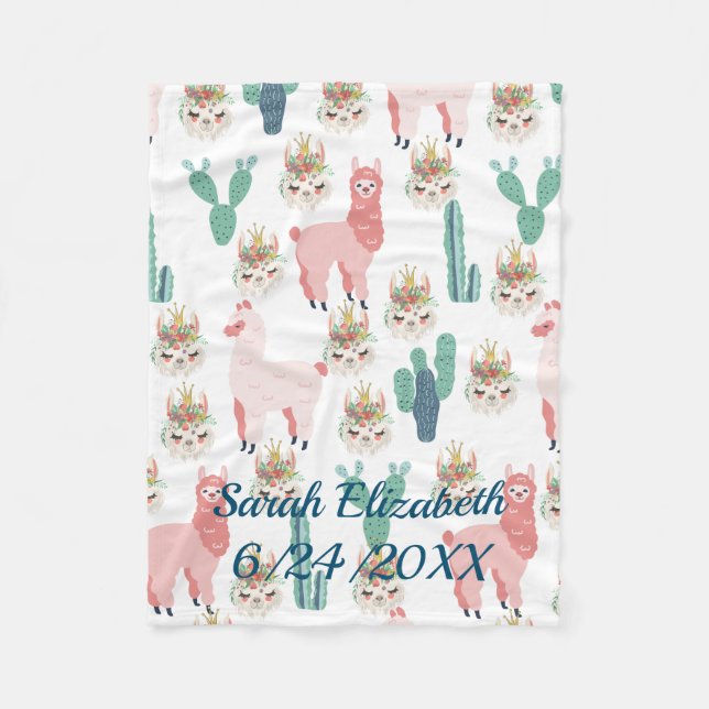 Couverture Polaire Llama rose mignonne et cactus vert personnalisés (Devant)
