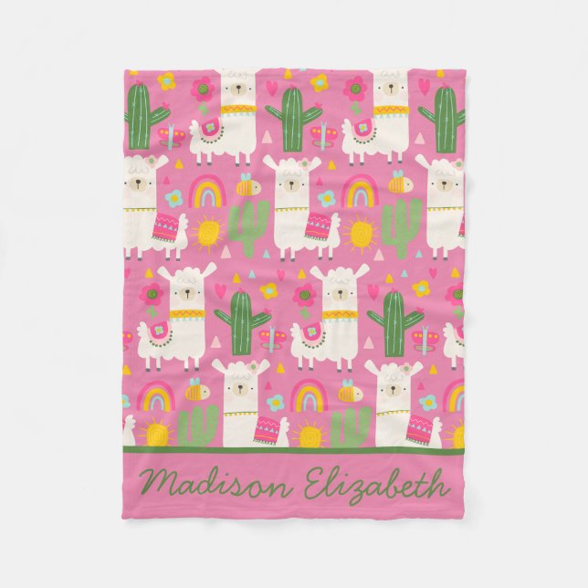 Couverture Polaire Llamas Green Cactus Cute Girly Rose Rainbows (Devant)