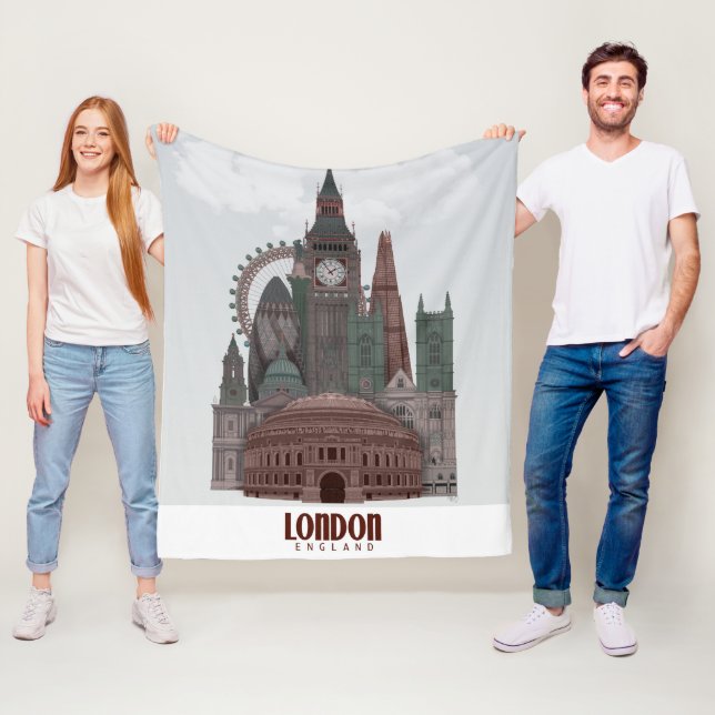 Couverture Polaire Londres en nuages rouge et vert (En situation)
