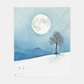 Couverture Polaire Lone Tree: Serene Full Moon Silence Art
