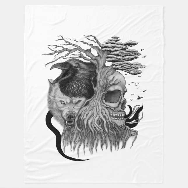 Couverture Polaire Loup et corbeau avec crâne (Devant)