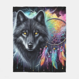 Couverture Polaire Loup noir avec attrape-rêves