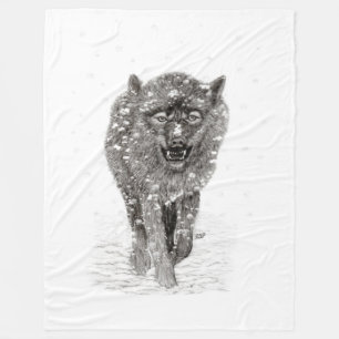 Couverture Polaire Loup noir en colère dans la neige, hiver sauvage