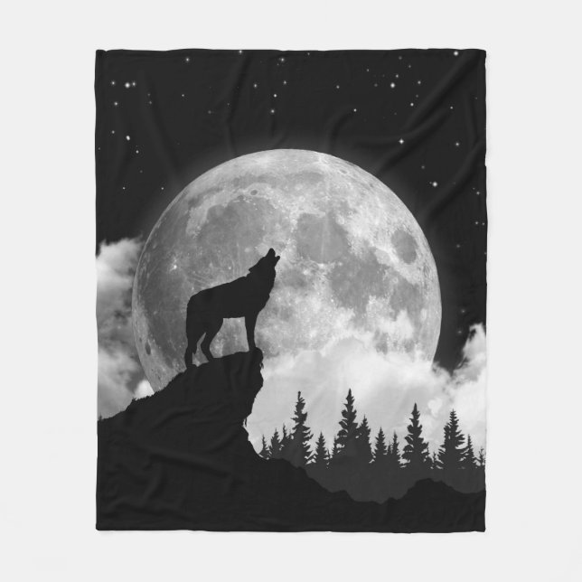 Couverture Polaire Loup noir et blanc hurlant sur la lune (Devant)