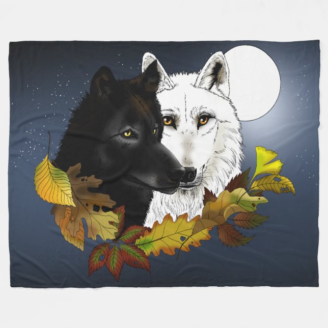 Couverture Polaire Loups Blancs Noirs Clair de Lune Feuilles d'Automn (Devant (Horizontal))