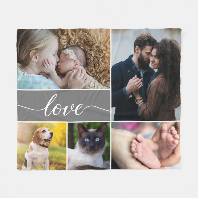 Couverture Polaire Love Script Mod Grey Famille Photo Collage (Devant (Horizontal))