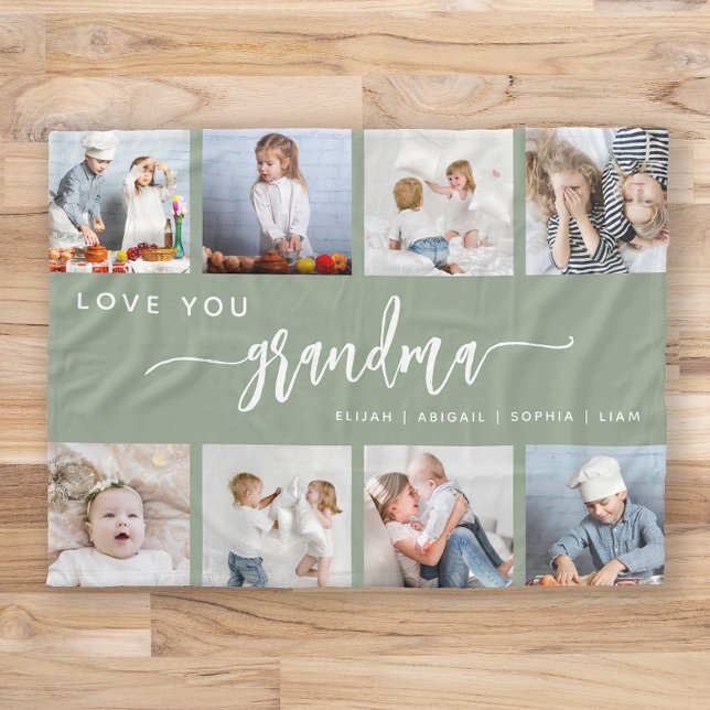 Couverture Polaire Love You Grand-mère 8 Photo Collage Sage Green (Créateur téléchargé)