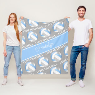 Couverture Polaire lt bleu gris J'aime volleyball texte motif