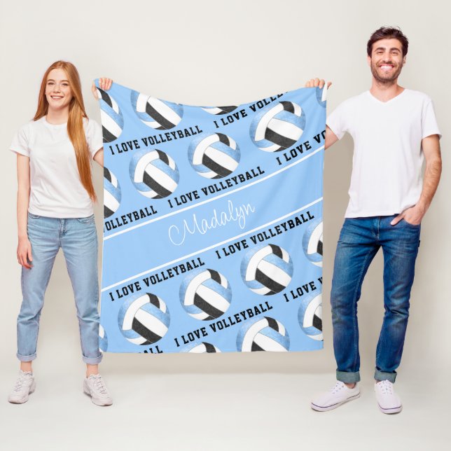 Couverture Polaire lt bleu noir J'aime volleyball texte motif (En situation)