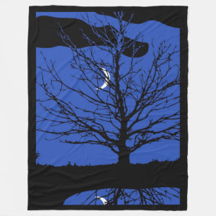 Couverture Polaire Lune avec arbre, Bleu Cobalt, Noir et Blanc