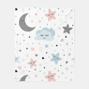 Couverture Polaire lune, étoiles, coeurs, nuages, enfants,