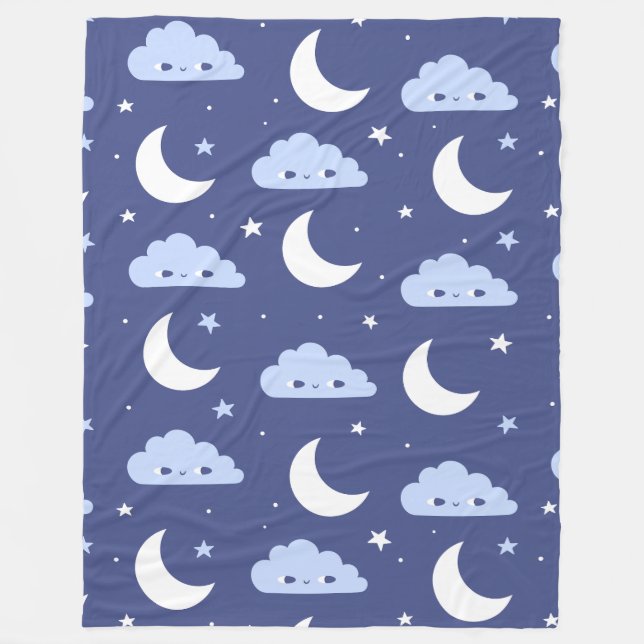Couverture Polaire Lune mignonne, Étoiles et nuages dorés Ciel noctur (Devant)