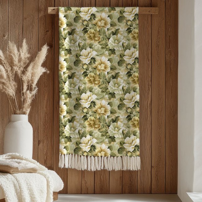 Couverture Polaire Lux Green Floral Blanket Gold Foliage in Pastels (Lux Green Floral Blanket Gold Foliage in Pastels)