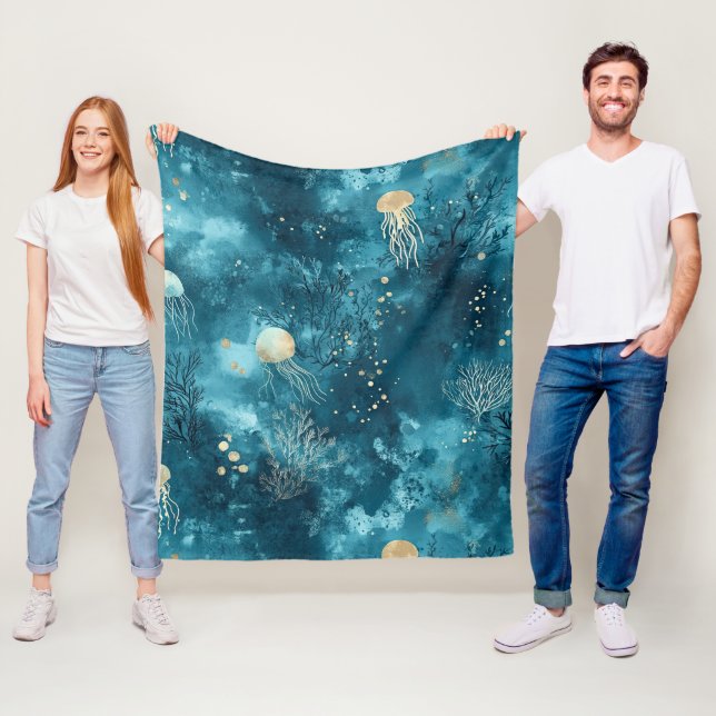 Couverture Polaire Lux Ocean Méduse & Corail Motif Or (3) (En situation)