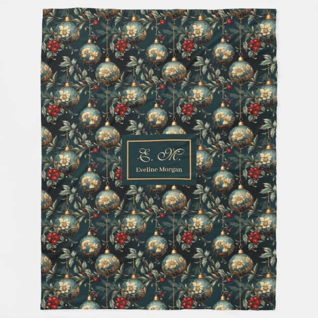 Couverture Polaire Lux red and green baubles personalized holiday (Devant)