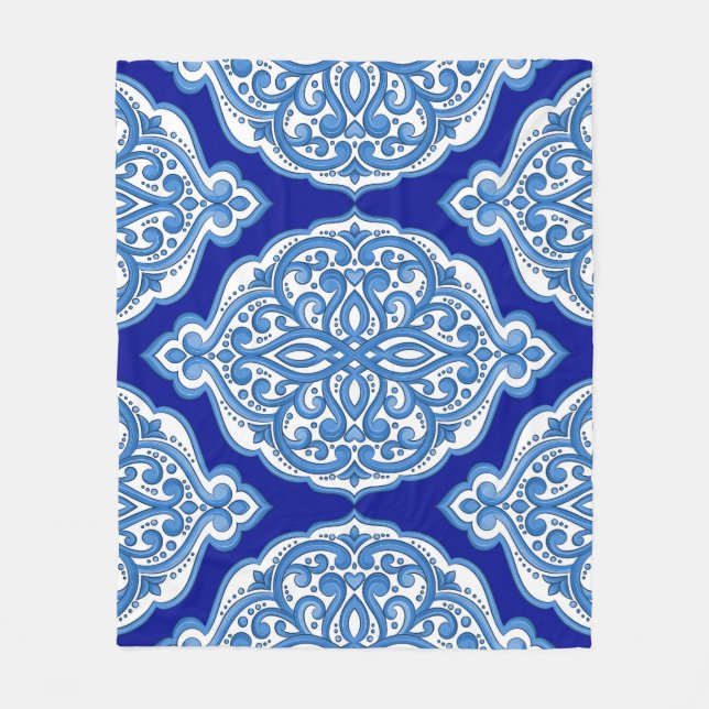 Couverture Polaire Luxe blanc-bleu, ornement turc. (Devant)