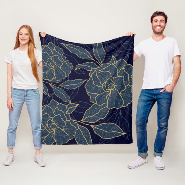 Couverture Polaire Luxueuse Blue Navy Gold Flower (En situation)