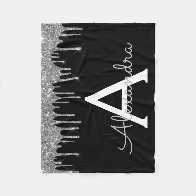 Couverture Polaire Luxueuse Glitter Glam Monogramme Nom Argent Noir (Devant)