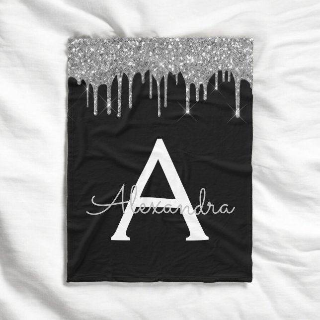 Couverture Polaire Luxueuse Glitter Glam Monogramme Nom Argent Noir (Créateur téléchargé)
