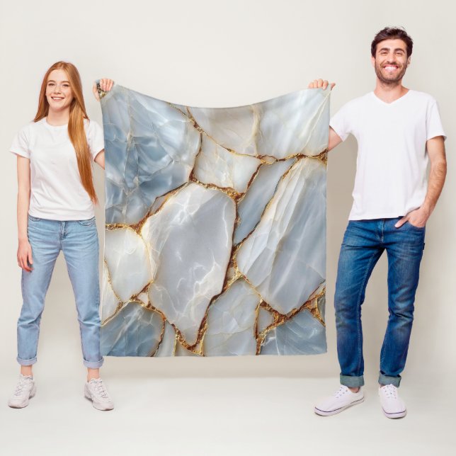 Couverture Polaire Luxury White Blue Marble & Gold Veins Agate Stone  (En situation)