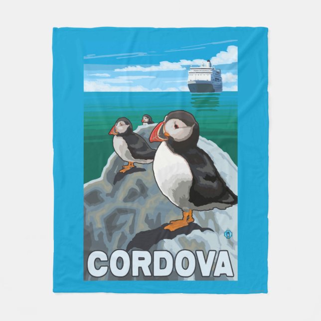 Couverture Polaire Macareux et bateau de croisière - Cordova, Alaska (Devant)