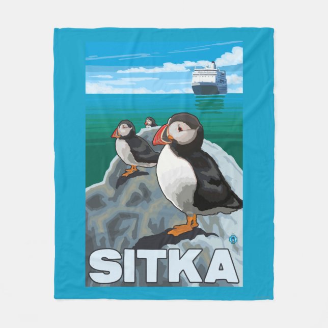 Couverture Polaire Macareux et bateau de croisière - Sitka, Alaska (Devant)